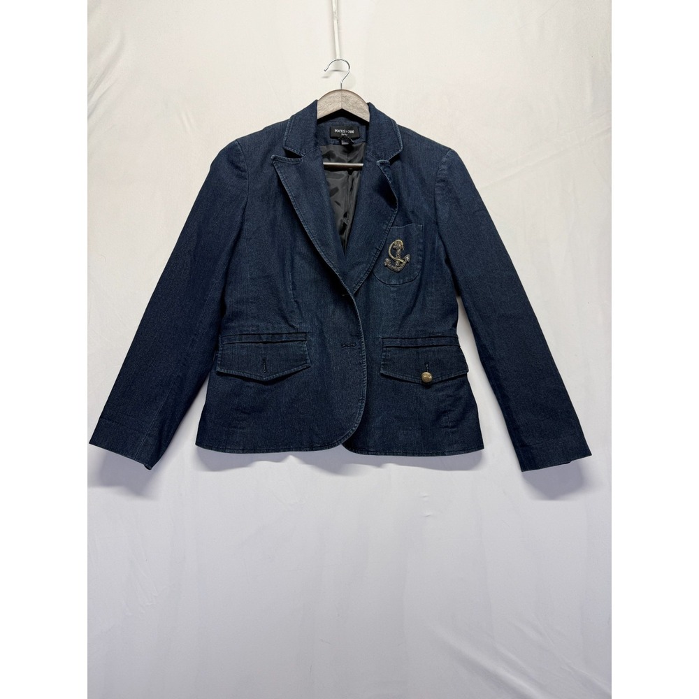 Focus 2000 Blazer Jacket Womens 8 Petite Blue Denim Single Breasted Notch Lapel